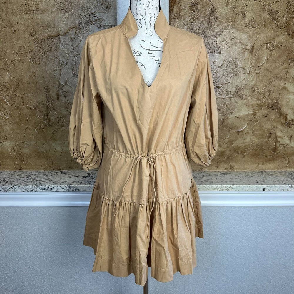 SWF A Line Poplin Mini Dress Small Tiered Puff Sleeve Hippie Bohemian Tan Cabin